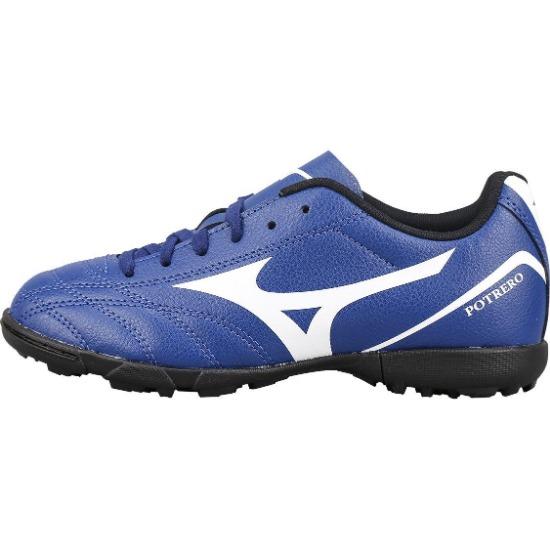 Mizuno Потреро Вайд Джуниор. Круглый носок, шнуровка, нескользящие, прочные, низкие, детские футбольные бутсы, детские футбольные бутсы, сине-белые, P1GE189227