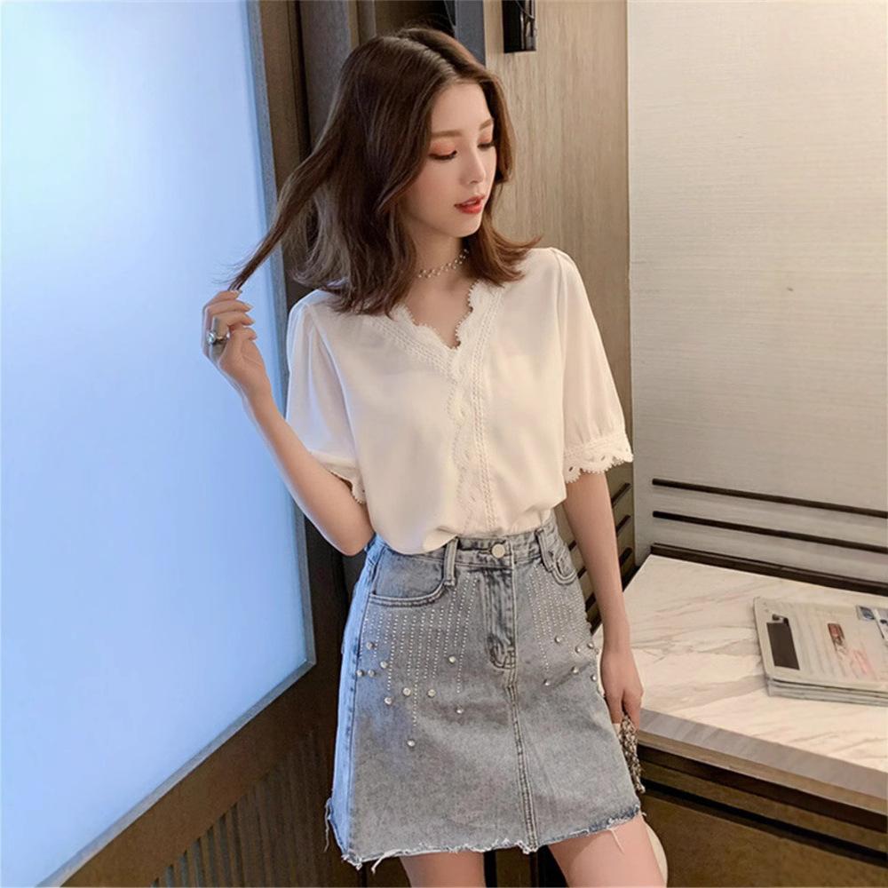 Женская рубашка Удобные и универсальные топы Нарядная белая шифоновая рубашка с коротким рукавом Модная супер сказочная кружевная рубашка Темпераментный элегантный модный топ