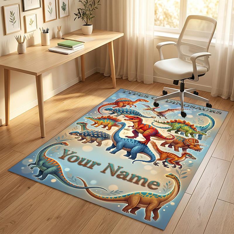 Dinosaur Theme Crystal Velvet Rug Personalized Custom Name Text Soft Floor Mat Home Decor