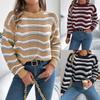 Fashionable Women's Casual Openwork Colour-Block Striped Lantern-Sleeve Pullover