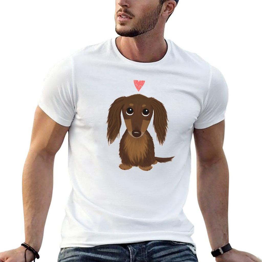 Cute Dog Longhaired Chocolate Dachshund Wiener Dog with Heart TShirt Sports Basic Short Sleeve TShirt