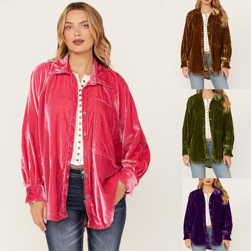 Воротник Золото Бархатная рубашка Пальто Однотонная женская свободная рубашка большого размера с длинными рукавами