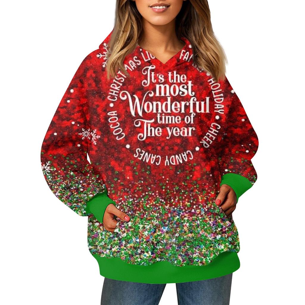 Женский модный свитер с длинными рукавами и рождественским принтом, с капюшоном и карманом