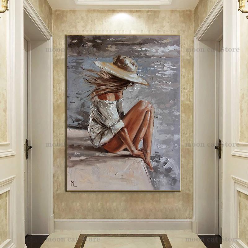 Красивая девушка на берегу моря, картина маслом, холст, HD печать, женские настенные художественные фотографии, украшение для гостиной, дома