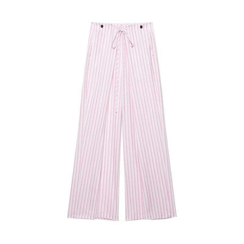 Womens 2026 Loose Fit High-Waist Striped Wide Leg Pants Adjustable Waist Comfortable Casual Trousers
