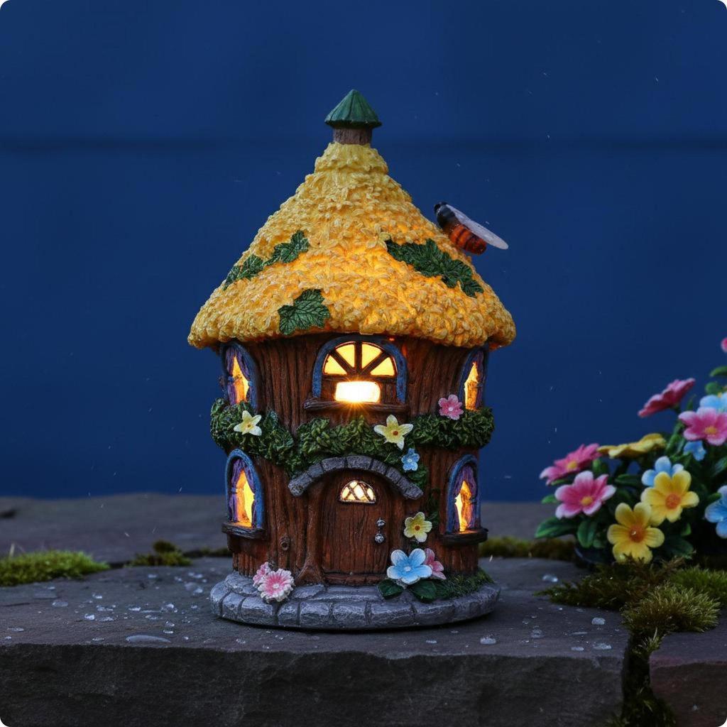 Storybook Shelter LED Solar Resin Cottage Sculpture for Garden, Yard, Patio