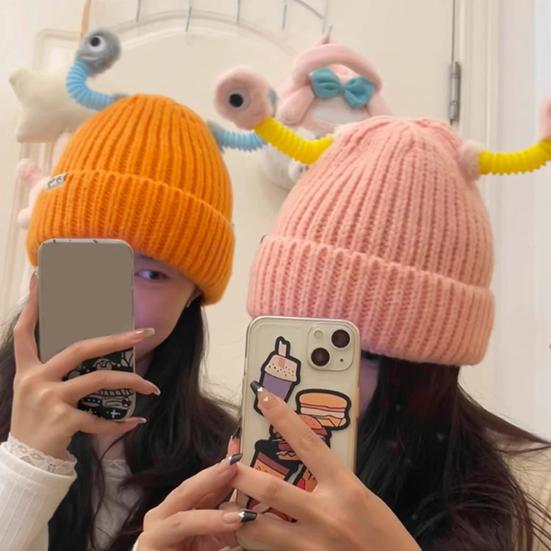 Cute Knitted Beanie Hat with Eyes Wear Resistant Solid Color LED Glowing Funny Cartoon Winter Warm Hat