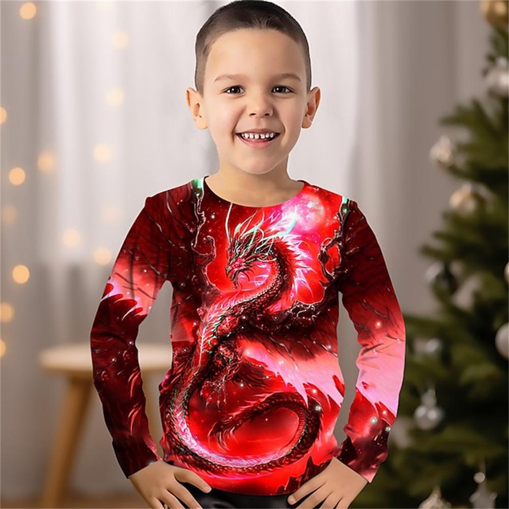 Children's Cool Animal Dragon Series 3D Digital Printed Boys Hip Hop Personality Round Neck Long Sleeved T-shirt