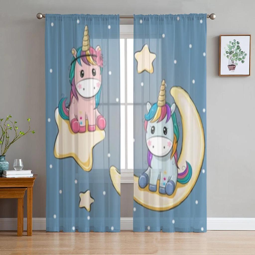 Милый мультяшный единорог с цветами, прозрачные шторы для гостиной, детская спальня, тюлевые шторы, кухонные шторы для окон