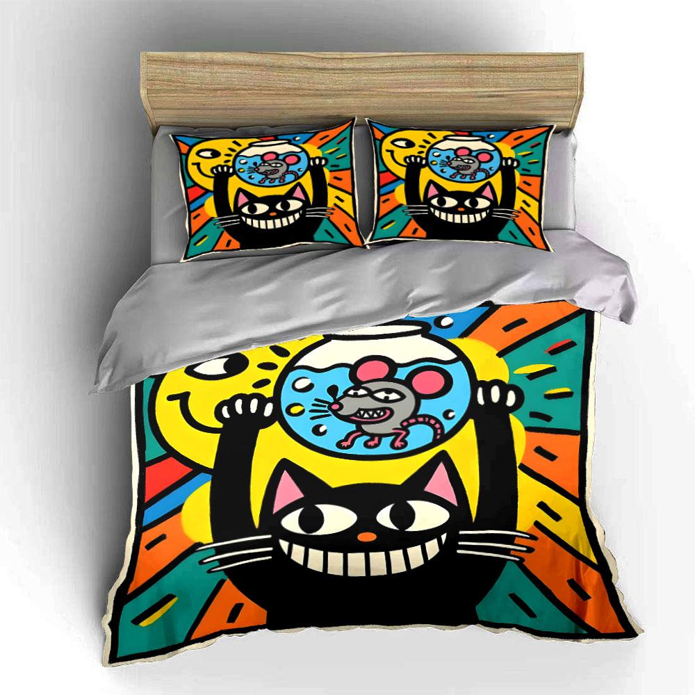 Black cat and mouse in fishbowl artwork Print Bedding Set 1 Duvet Cover 2 Pillowcases for Adult and Children Luxury Gift