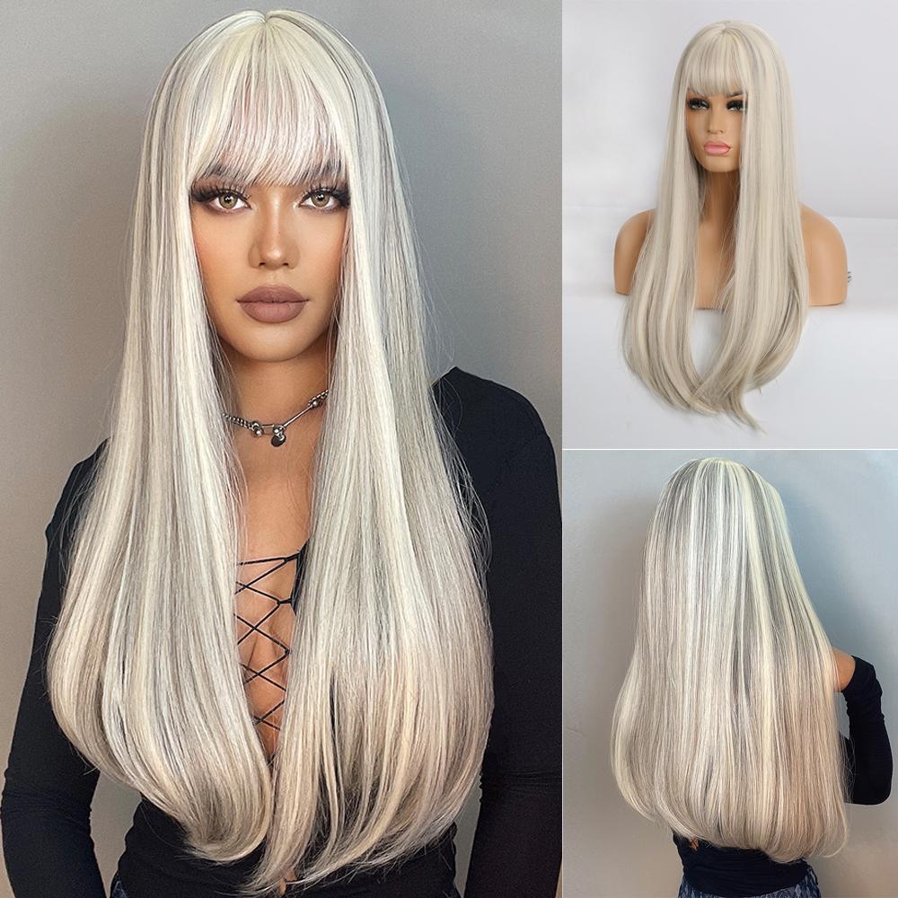ALAN EATON Long Synthetic Fashion Wig for Women Blonde Platinum Hair Wigs Heat Resistant Fiber Wigs Full Hair Wigs