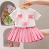 Летняя детская мода и милый цветочный узор футболка с короткими рукавами + розовая плиссированная юбка для девочек