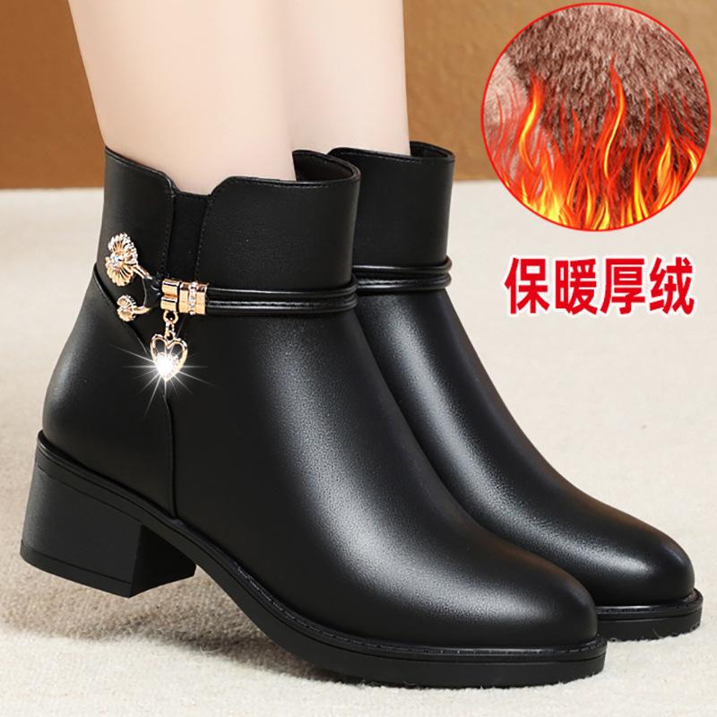Women Boots 2024 Autumn/Winter Cotton Shoes Plus Velvet High Heeled Mom Ankle Boots Casual Comfort Warm Women Snow Boots
