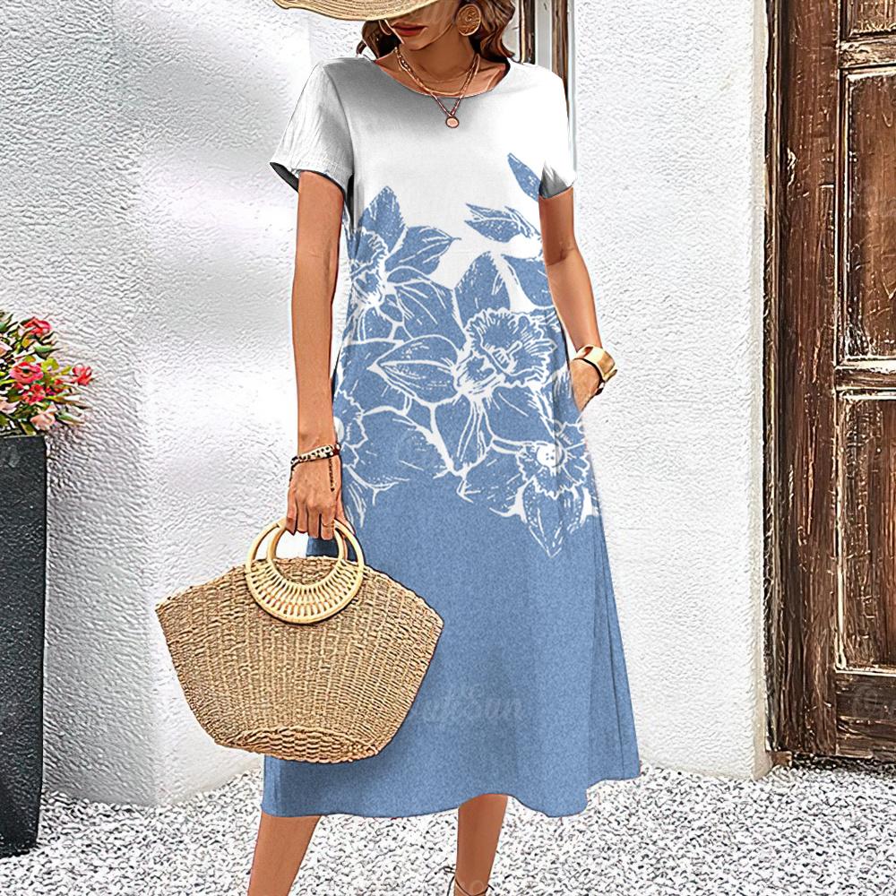 Элегантные женские платья, модные женские топы с короткими рукавами, повседневные женские свободные платья А-силуэта, пуловеры, простые цветы, одежда