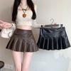 Y2K Black PU Leather Zipper Pleated Skirt Women Autumn New High Waist Anti-light A-line Skirt Vintage Korean