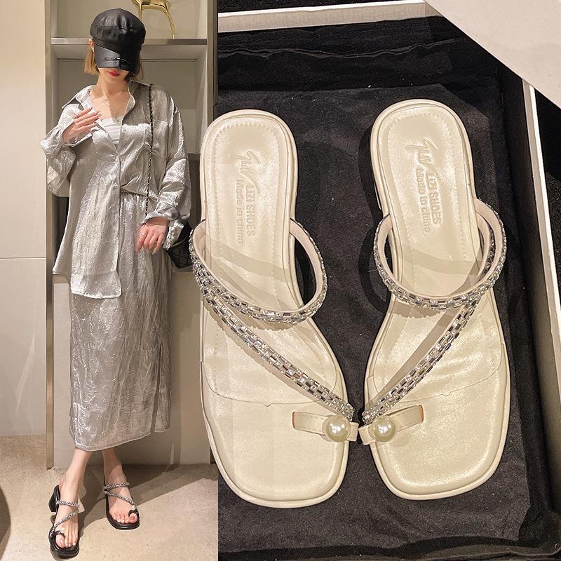 Модные женские туфли на толстом каблуке с жемчужной перемычкой, летняя новинка 2025, повседневные, для улицы, крутые шлепанцы 2025, прямые продажи
