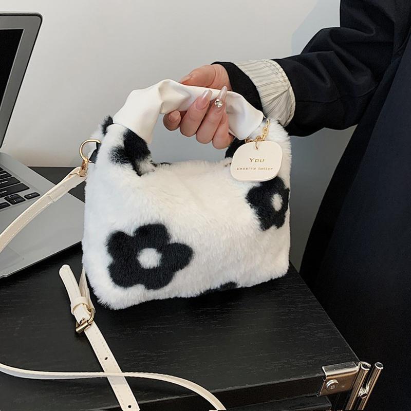 Yogodlns Women Faux Fur Plush Handbags Ruched Handle Small Lady Shoulder Crossbody Bag Casual Half-Moon Hobos Winter Bags for Women