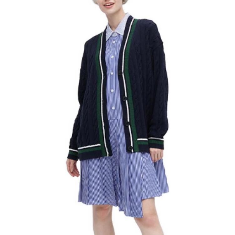 Uniqlo X JW Anderson Коллаборация Весна-Лето 2023 Коллекция Весна-Лето Двухцветный Свитер с V-образным вырезом и полосками Скрученная вязка Женский свитер Темно-синий 460651-69