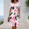 Women Plus Size Round Neck Short Sleeve Abstract Geometric Printed A Line Midi Dress