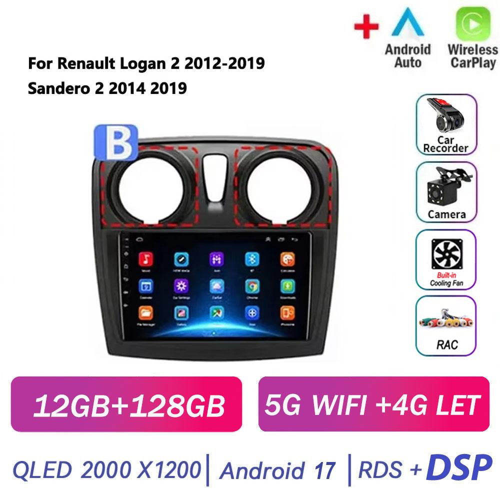 Android 17 pour Renault Logan 2 2012 - 2022 Sandero 2 2013 - 2022 GPS 4G Autoradio Navigation Lecteur multimédia vidéo Stéréo BT