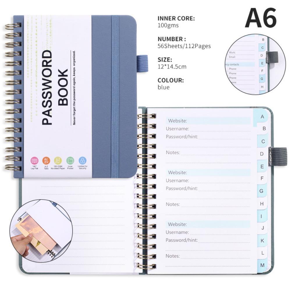 With Alphabetical Tabs Pocket Password Keeper Book Coil Book A6/B6 Size Password Keeper Notebook Portable with Penholder