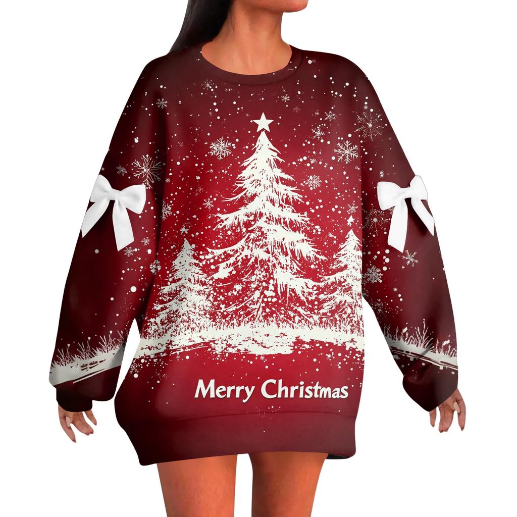 Ladies' Christmas Printed Bow Round Neck Long Sleeved Loose Pullover Sweater Sweatshirt Top