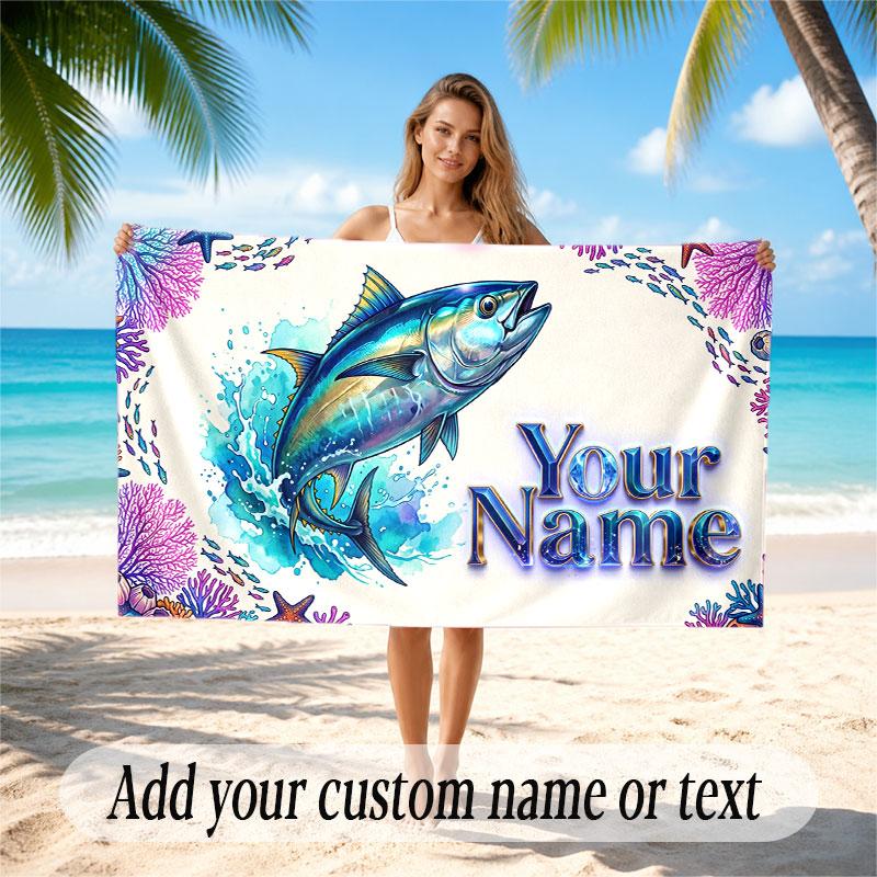 Fish Ocean Theme Beach Towel Personalized Custom Name & Text Soft Quick Dry Beach Towel for Swimming Travel