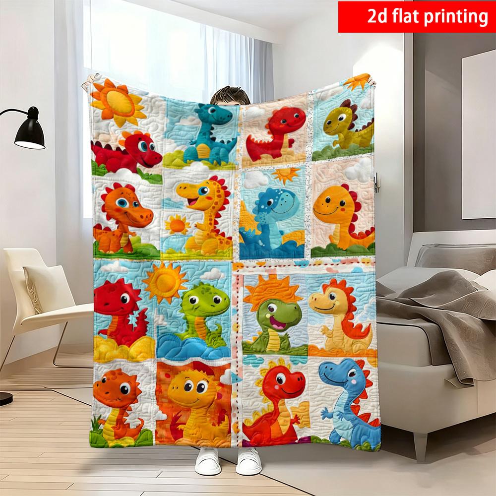2D Flat Printing 1pc Faux Quilted Patchwork Colorful Little Dinosaur Print Flannel Blanket Single-sided Print for Bedroom Office N