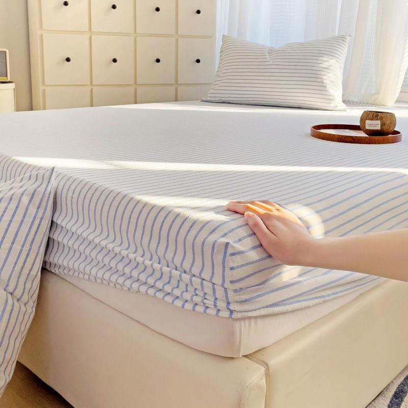 Комплект из трех простыней в полоску из стираного хлопка в японском стиле, полное покрытие, нескользящая цельная простыня, матрас Simmons, защита от пыли