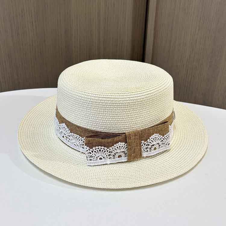 Summer French flat-top straw hat, lace bow, small edge sunscreen hat, fashionable retro seaside vacation sunshade hat