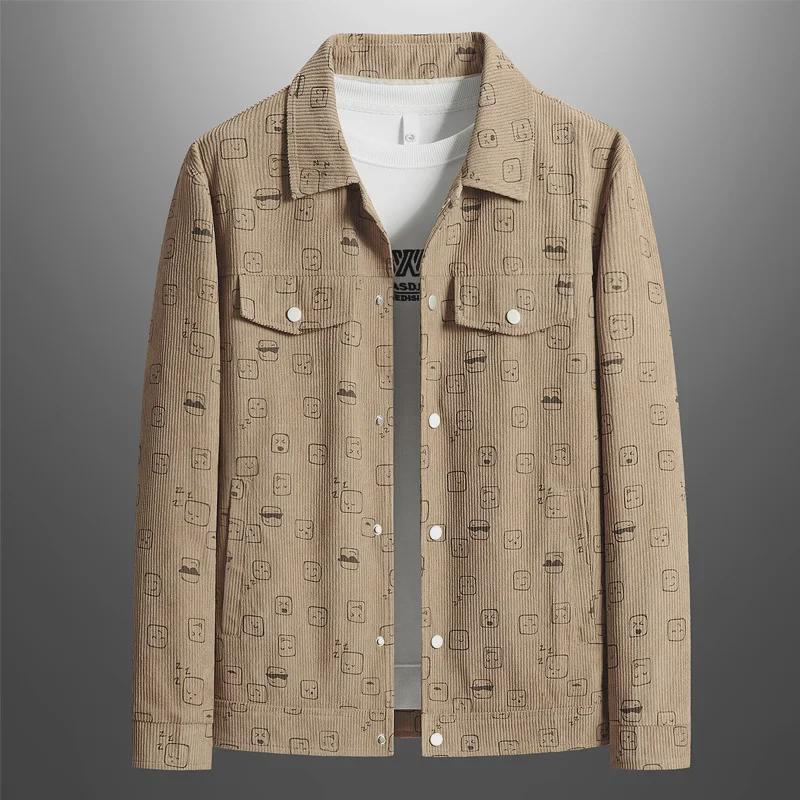 Men's Spring/Autumn Corduroy Lapel Jacket - Fashionable, Casual, Full-Print, Large Sizes Available.