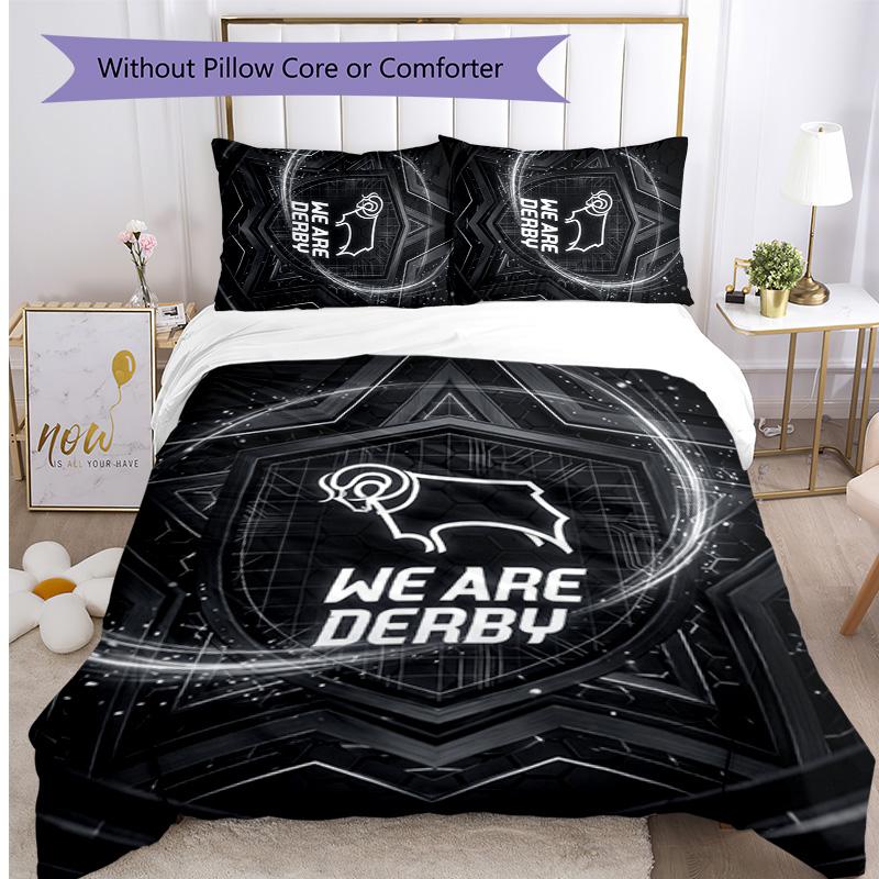 Derby County Football Printed 3 Pieces Bedding Set, Comfortable Skin Friendly Bedroom Duvet Cover Set