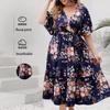 Plus-Size Navy Blue V-Neck Print Summer Dress