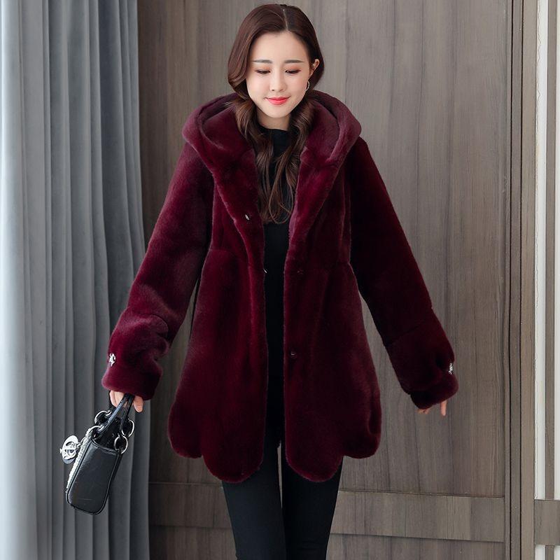 Winter New Fashion Imitation Mink Fur Imitation Coat Middle-aged Mother Hooded Jacket Thickened Women's Pendulum