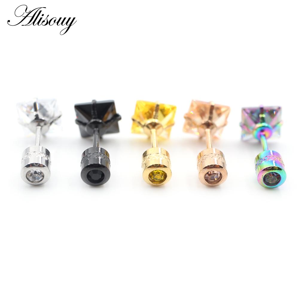 Alisouy 2 шт., нержавеющая сталь, 4 зубца, квадратный циркон CZ, женские, мужские, для девочек, серьги-гвоздики для хряща, пирсинг, ювелирные изделия