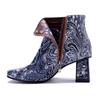 Johnature Genuine Leather Handmade Printed Comfortable Coarse Heel Side Zipper Women's Short Boots