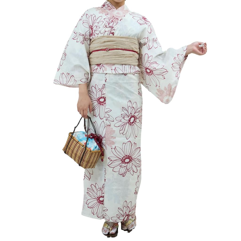 RAVIR Yukata White with an Adorable Red Daisy Includes a Fluffy Obi Belt and One Size Fits All Women's 3-Piece Set, Pattern, Sandals,