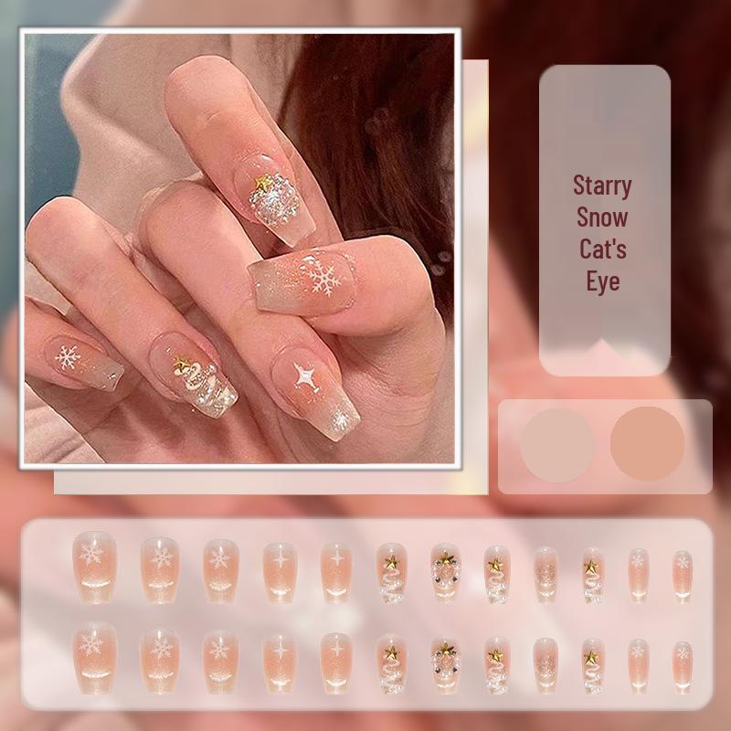 Cat Eye Press-On Nails: Luxurious Nail Art Tips with Stone Glass Beads In Long & Short Whitening Styles