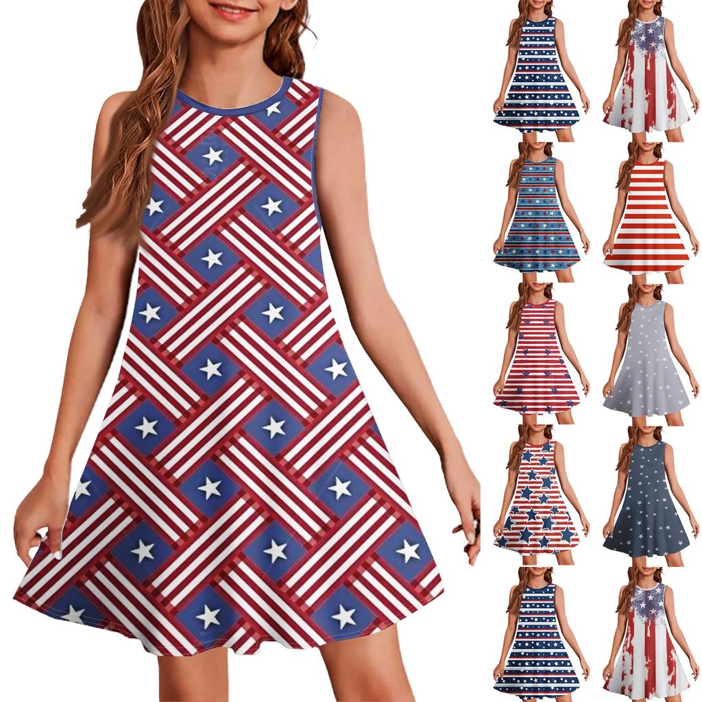 Girl Summer Dress Sleeveless Printed Color Casual Dress
