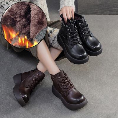Плюшевые Теплые Короткие Ботинки Натуральная Кожа Круглый Носок Толстая Подошва Женские Ботильоны на Танкетке