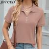 Летняя однотонная свободная футболка с лацканами и молнией, повседневный топ для женщин