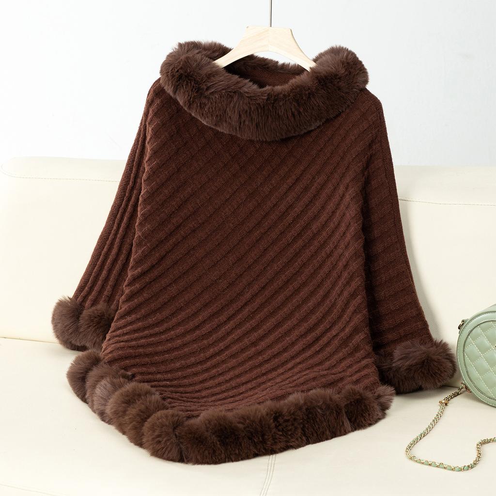 Casual Poncho for Women Solid Color Shawl Wrap Cape with Faux Fur Trim Winter Sleeveless Cloak Coat Womens Warm Pullover Luxury Knitted Sweater Poncho