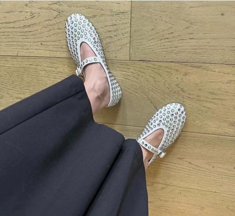Premium Cowhide Version Rhinestone One-word Buckle Low-top Shallow Mouth Round Head Mary Jane Flat Single Shoes Ballet Women's Shoes