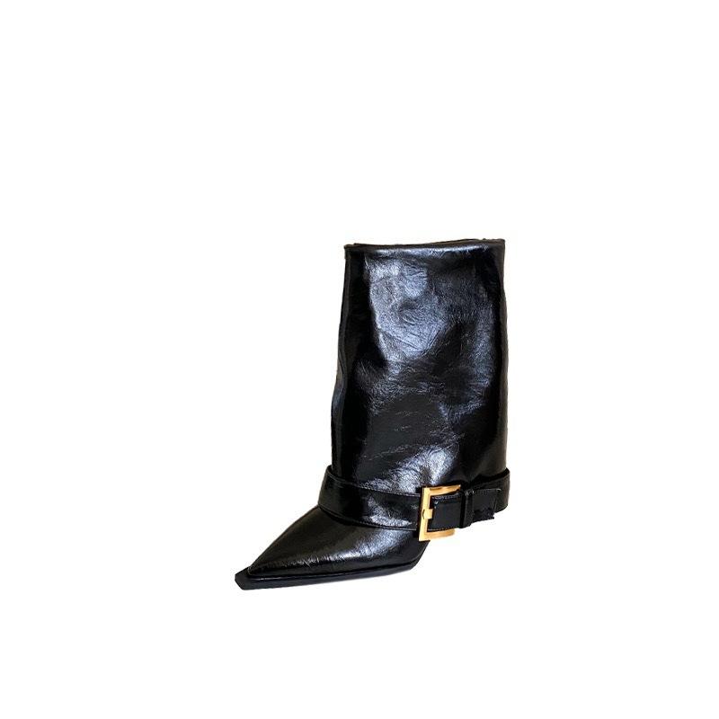 2025 Autumn and Winter New European and American Style Belt Buckle Wide Tube Pointed Thin High Heel Short Boots Trouser Leg Boots