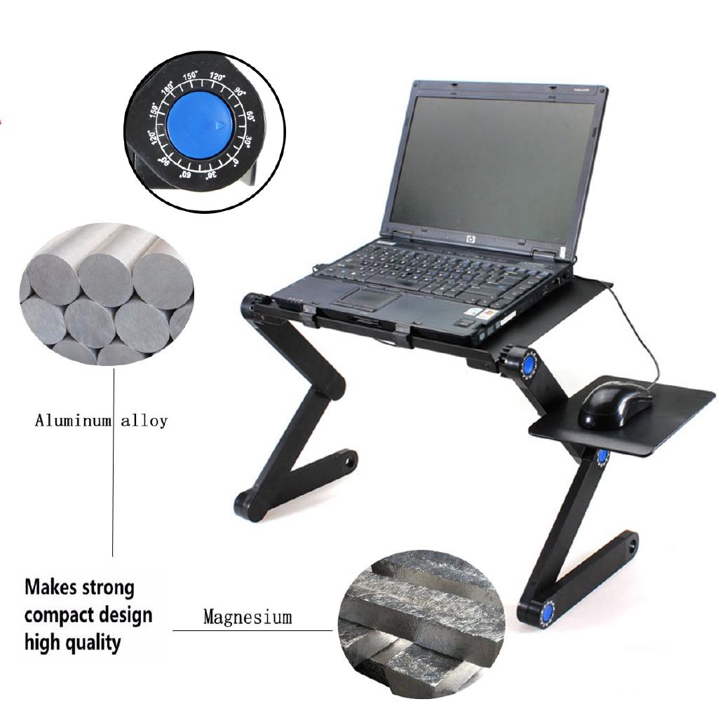 Регулируемая на 360 градусов складная подставка для стола для ноутбука Прочный алюминиевый поднос для ноутбука с охлаждающим ковриком для мыши с двумя вентиляторами