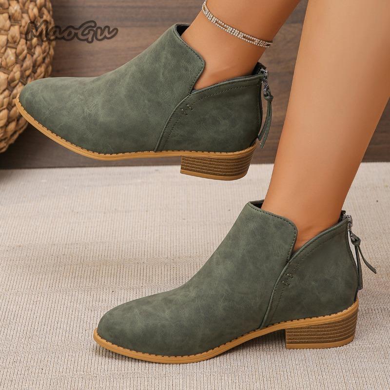 Модные размеры 36-43 Женские ботильоны на среднем каблуке Короткая молния сзади Острый носок Кожаная обувь для женщин Осенняя обувь Botines Para Mujeres