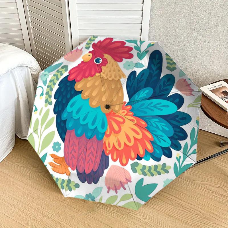 1pc Colorful Rooster Illustration Umbrella with Plastic Handle,Suitable for All Seasons Home Travel Outdoor UmbrellaDD1696