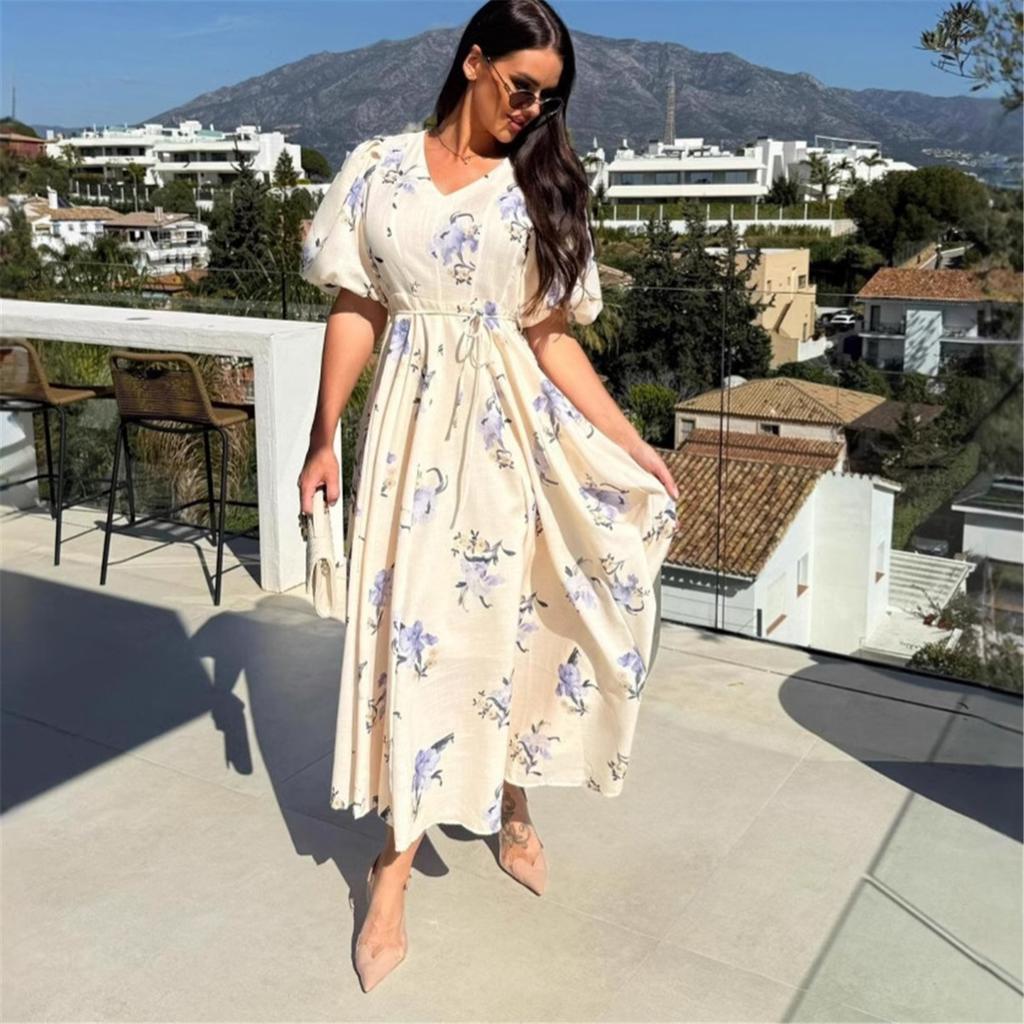 Летние новые женские платья с коротким рукавом и принтом, завязывающиеся на талии, свободные платья