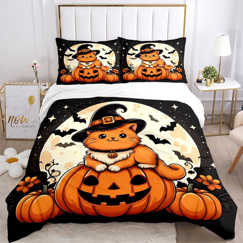 3pcs Moon Orange Cat Pumpkin Halloween Print Cover Set Ultra Soft, Breathable, and Comfortable Bedding with Stylish Design for Bedroom and Guest