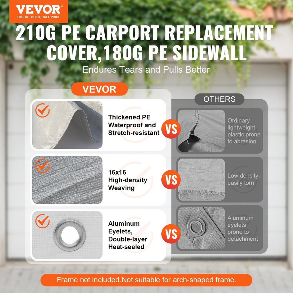 Carport Replacement Canopy Cover Top + Side Wall 6000 x 3000 mm, Garage Tent Shelter Tarp Heavy-Duty Waterproof & UV Protected, Easy Installation with